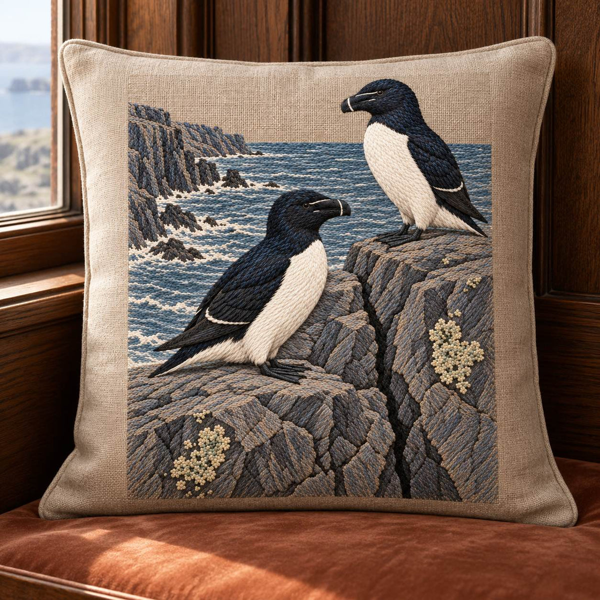 Razorbill at the Basalt Seam visual mockup shown on a cushion beside a window, with the design on warm oatmeal linen.