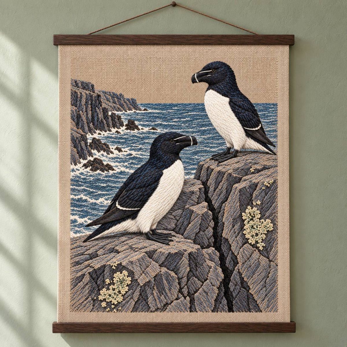 Razorbill at the Basalt Seam visual mockup shown as a hanging textile held by wooden rails, with the design on warm oatmeal linen.