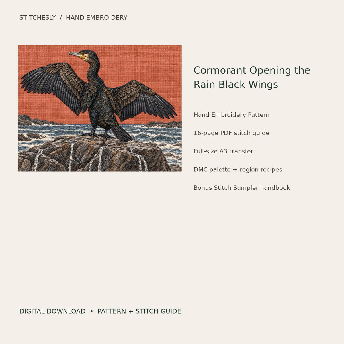 Cormorant Opening the Rain Black Wings: digital hand embroidery pattern cover with artwork and included files