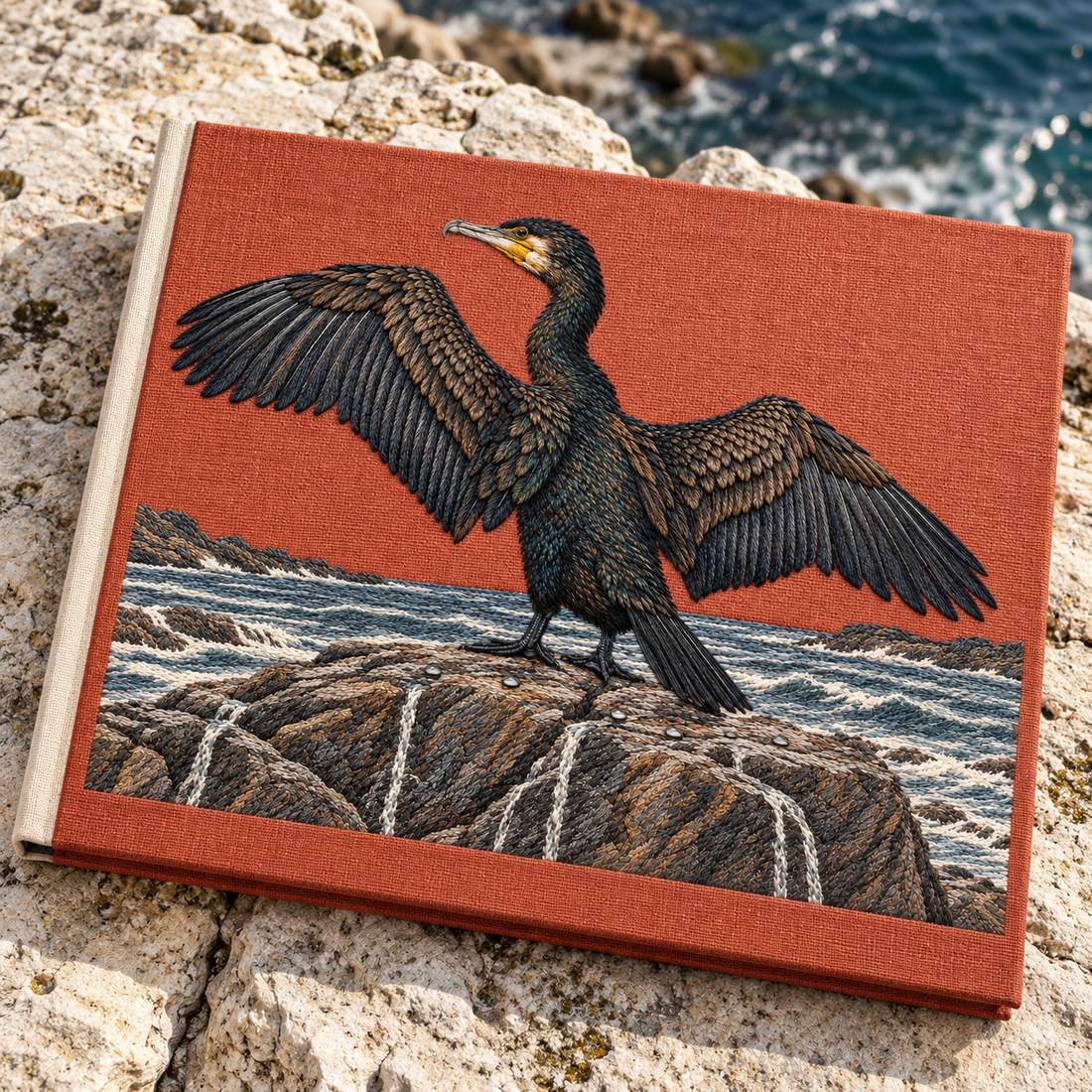 Cormorant Opening the Rain Black Wings visual mockup shown on a cloth portfolio cover, with the design on muted rust linen.