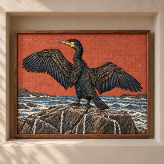 Cormorant Opening the Rain Black Wings visual mockup shown as a framed textile in a gallery niche, with the design on muted rust linen.