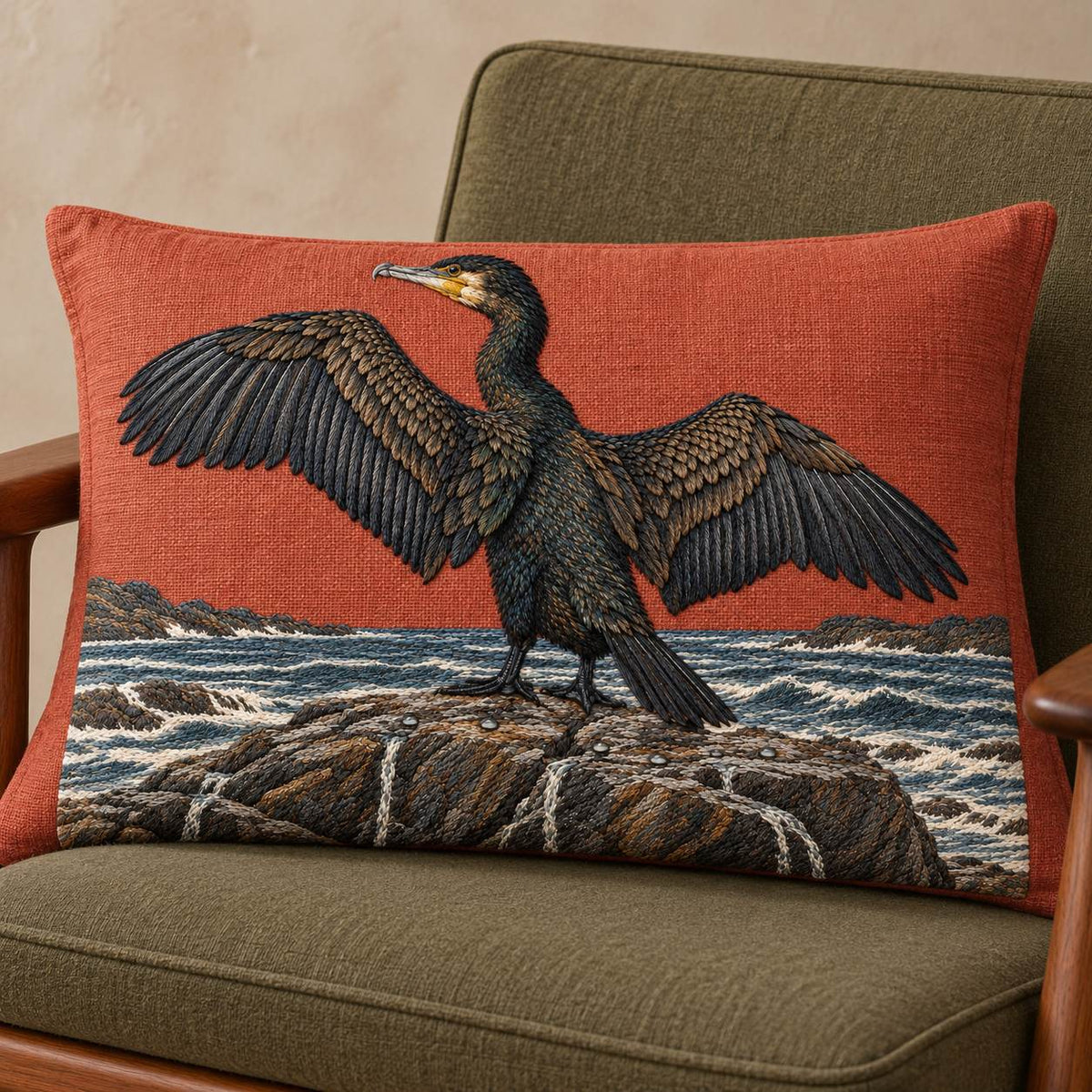 Cormorant Opening the Rain Black Wings visual mockup shown on a cushion in a lounge chair, with the design on muted rust linen.