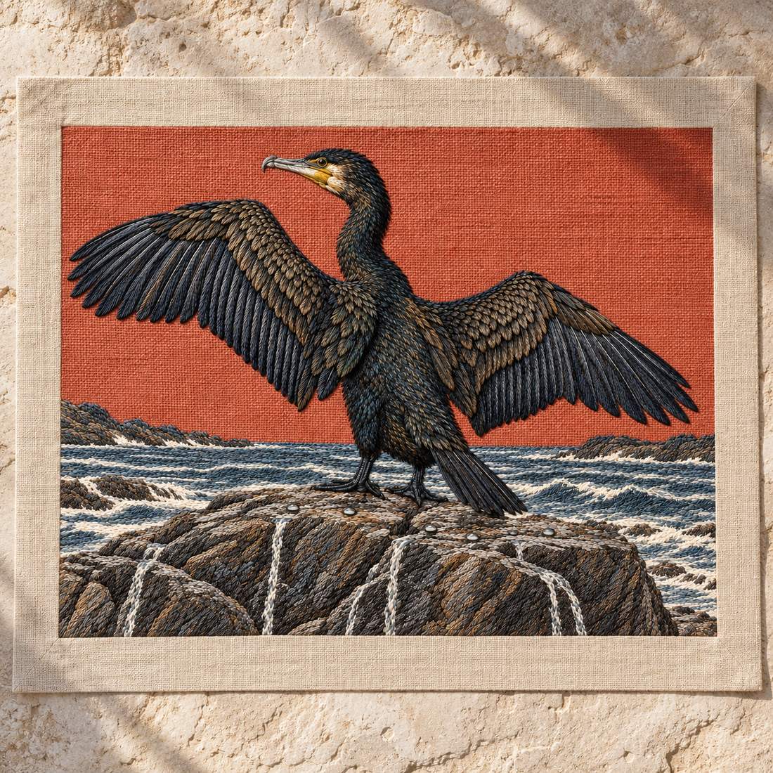 Cormorant Opening the Rain Black Wings visual mockup shown as a textile panel on a stone platform, with the design on muted rust linen.