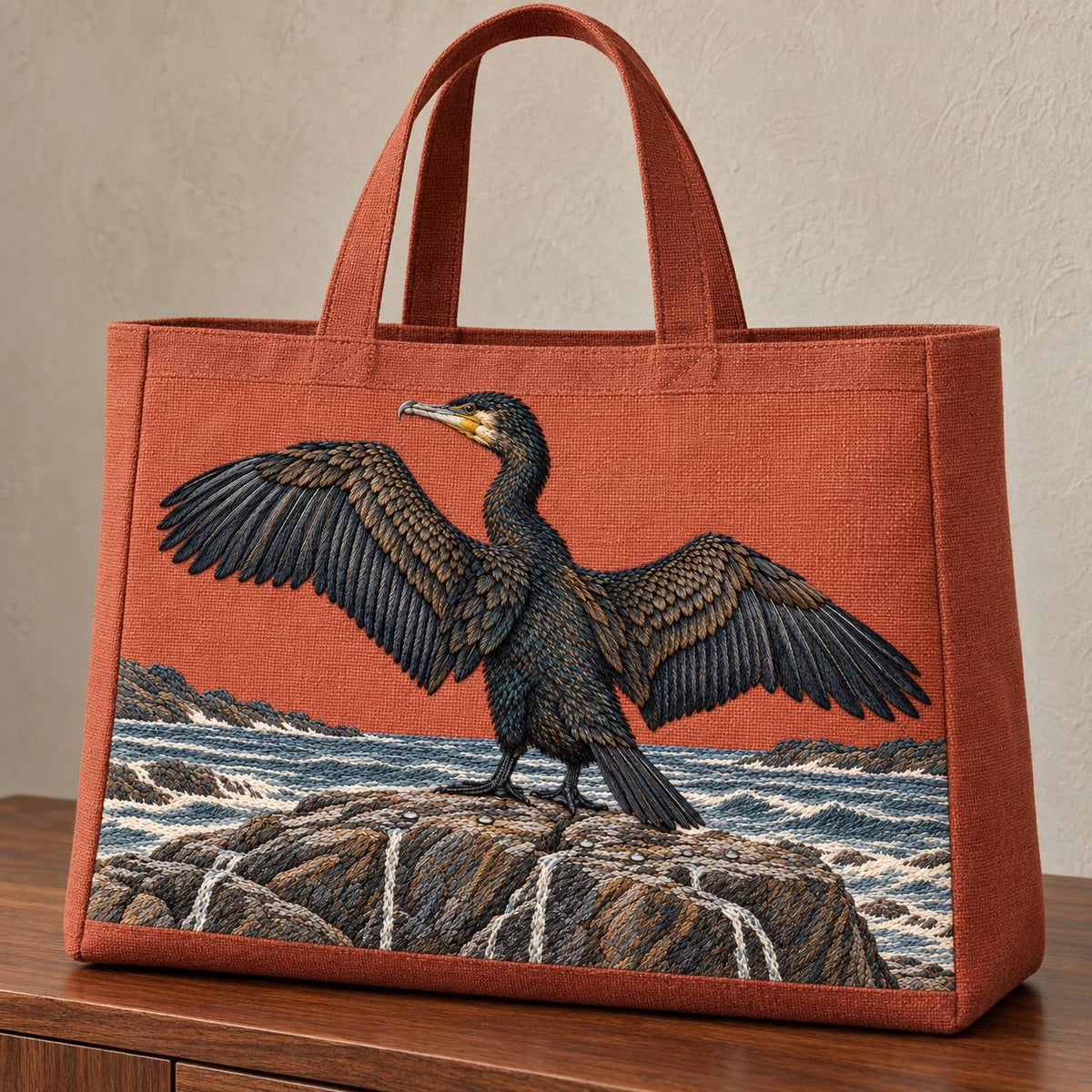 Cormorant Opening the Rain Black Wings visual mockup shown on the front of a structured linen tote, with the design on muted rust linen.