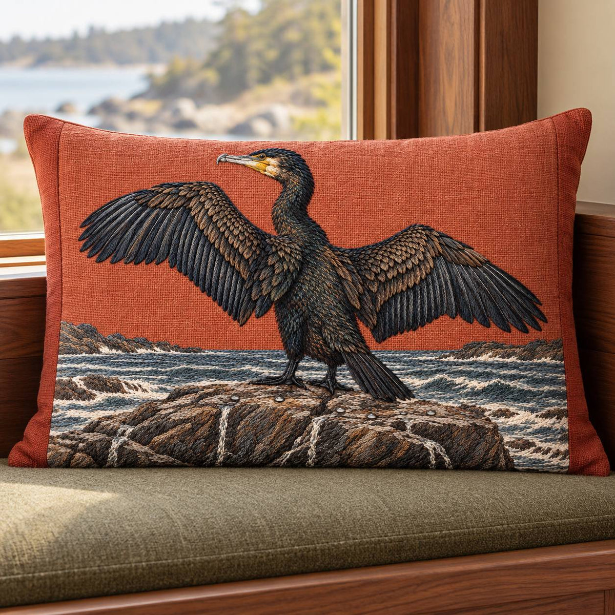 Cormorant Opening the Rain Black Wings visual mockup shown on a cushion beside a window, with the design on muted rust linen.