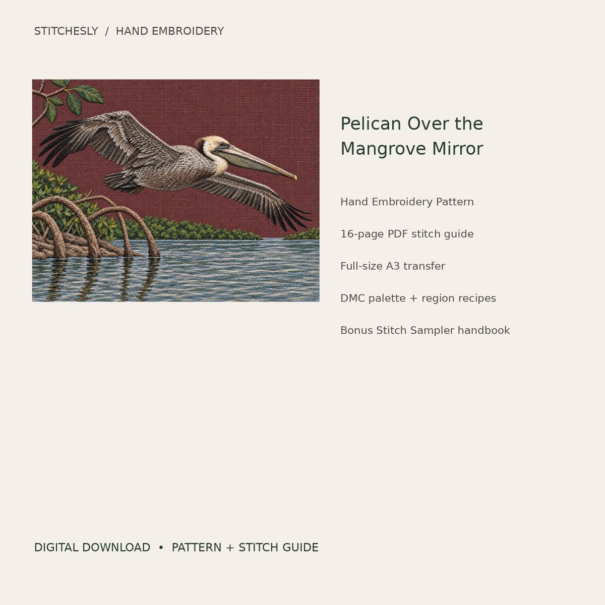 Pelican Over the Mangrove Mirror: digital hand embroidery pattern cover with artwork and included files