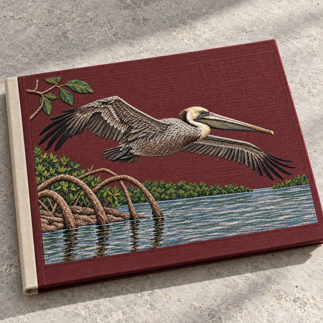 Pelican Over the Mangrove Mirror visual mockup shown on a cloth portfolio cover, with the design on deep burgundy linen.