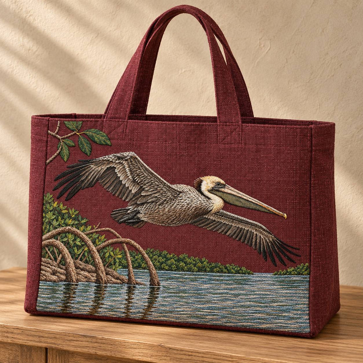 Pelican Over the Mangrove Mirror visual mockup shown on the front of a structured linen tote, with the design on deep burgundy linen.