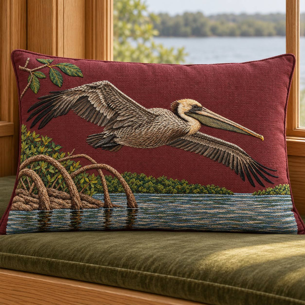 Pelican Over the Mangrove Mirror visual mockup shown on a cushion beside a window, with the design on deep burgundy linen.