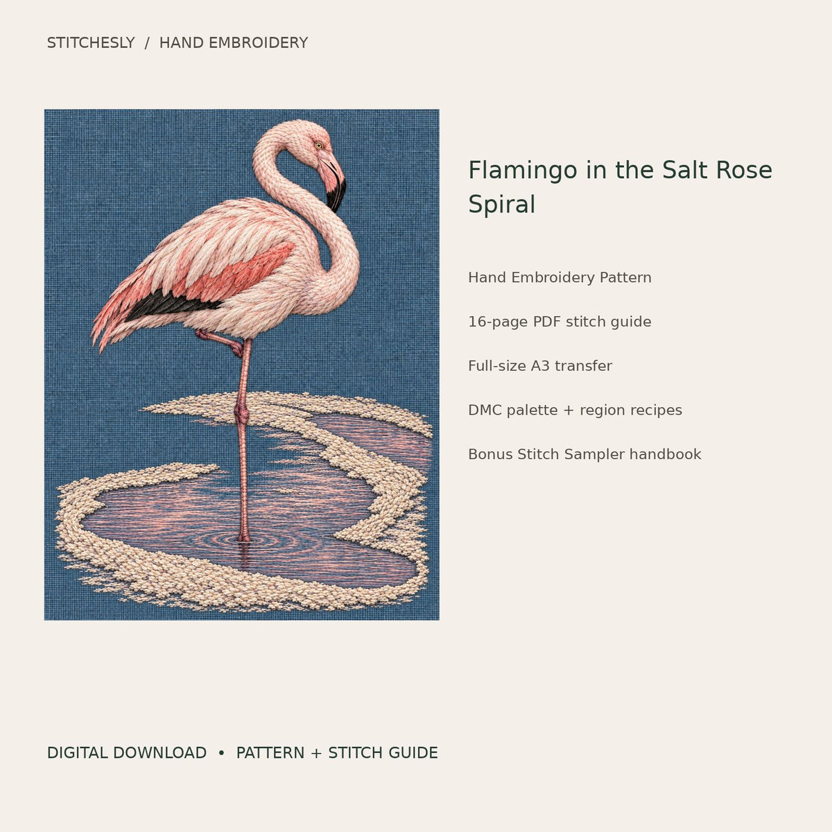 Flamingo in the Salt Rose Spiral: digital hand embroidery pattern cover with artwork and included files