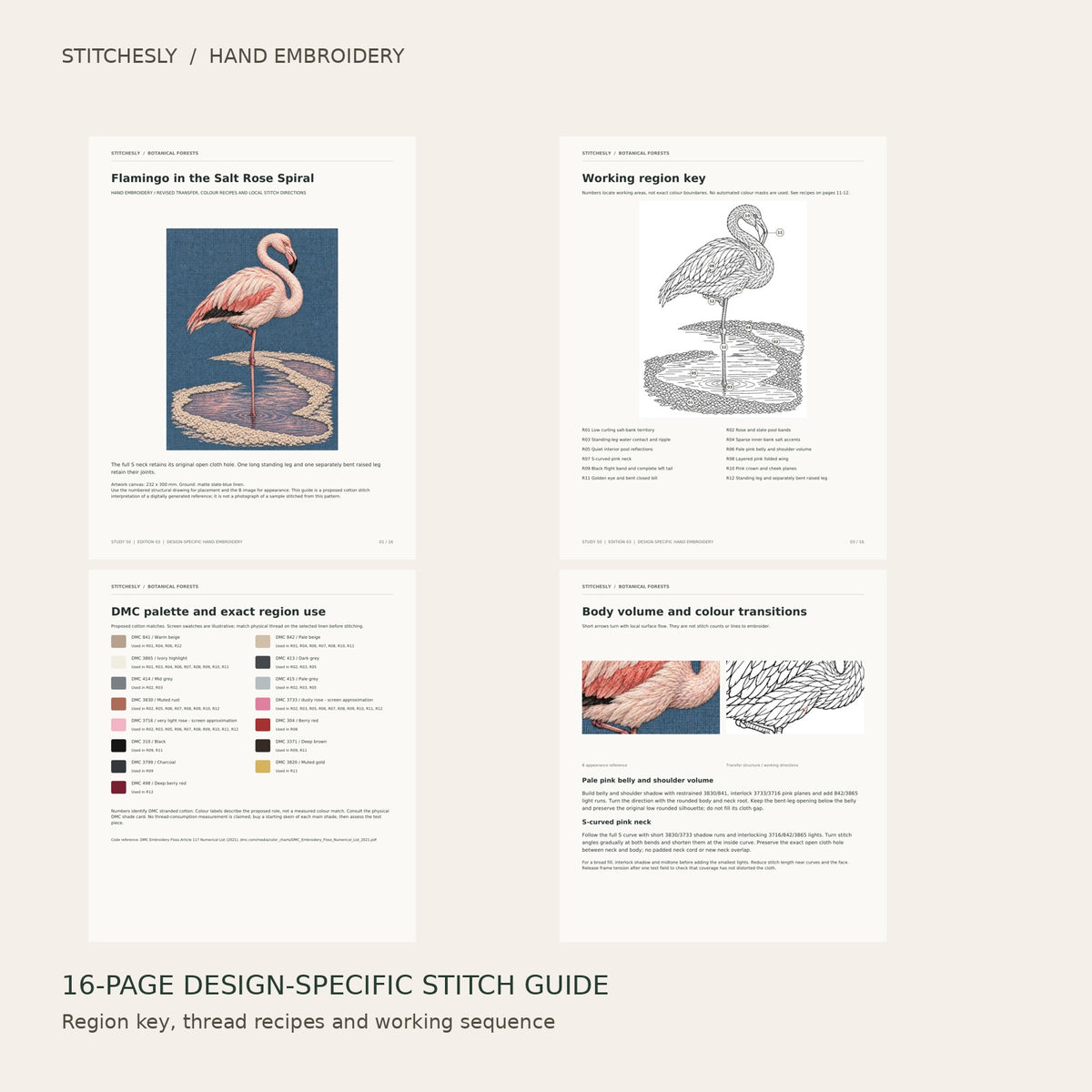 Flamingo in the Salt Rose Spiral: preview of the 16-page stitch guide, region key, DMC palette and stitching instructions