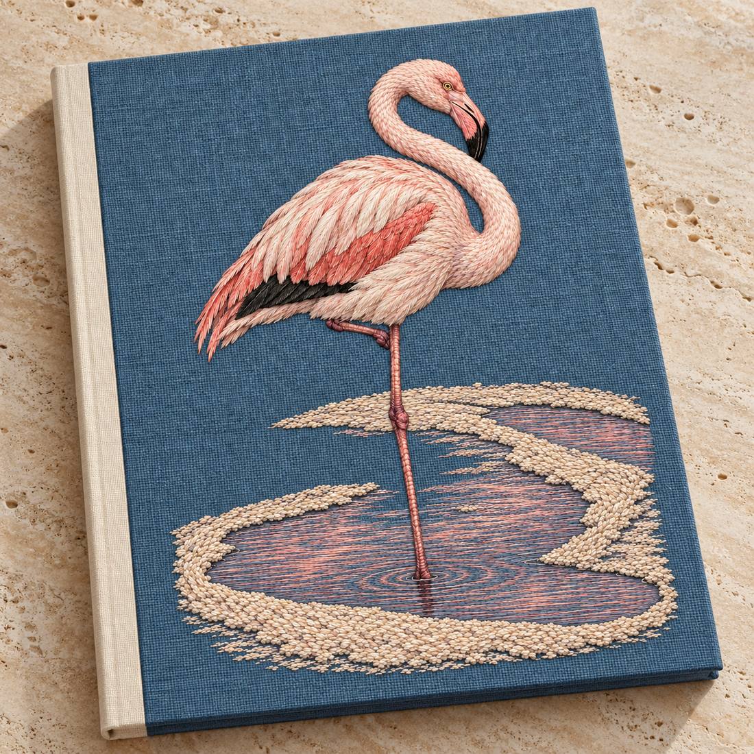 Flamingo in the Salt Rose Spiral visual mockup shown on a cloth portfolio cover, with the design on slate-blue linen.