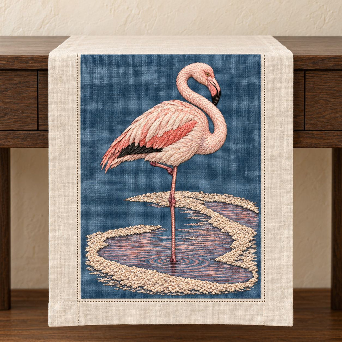 Flamingo in the Salt Rose Spiral visual mockup shown on a textile runner over a console, with the design on slate-blue linen.