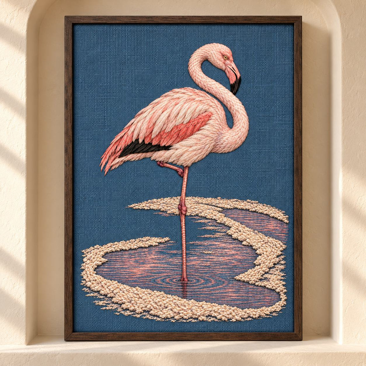 Flamingo in the Salt Rose Spiral visual mockup shown as a framed textile in a gallery niche, with the design on slate-blue linen.