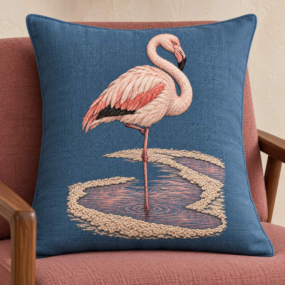 Flamingo in the Salt Rose Spiral visual mockup shown on a cushion in a lounge chair, with the design on slate-blue linen.