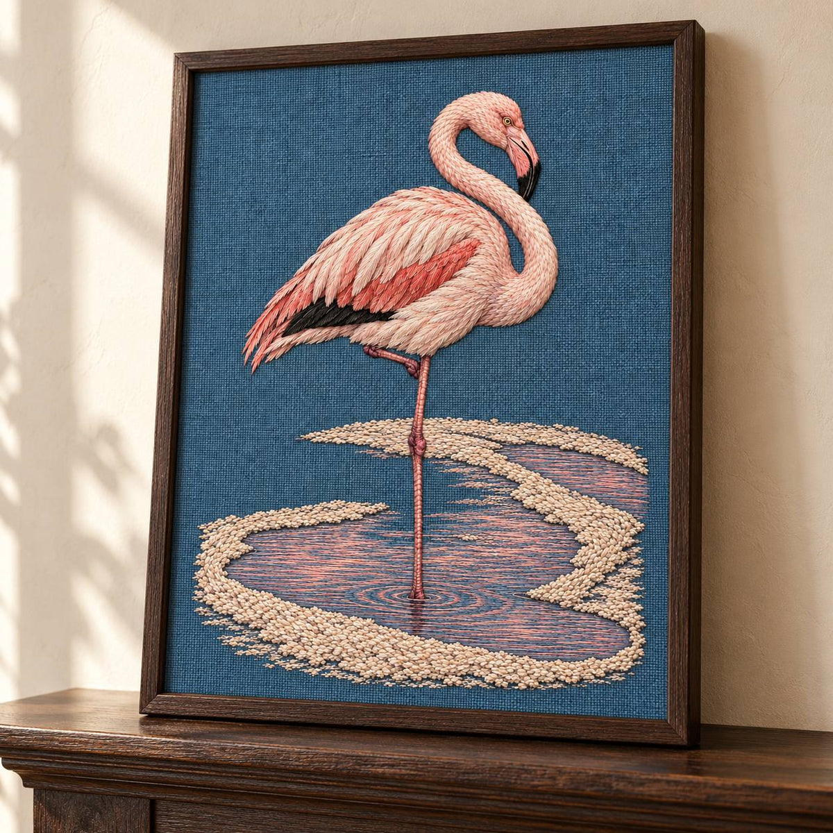 Flamingo in the Salt Rose Spiral visual mockup shown in a frame leaning on a mantel, with the design on slate-blue linen.