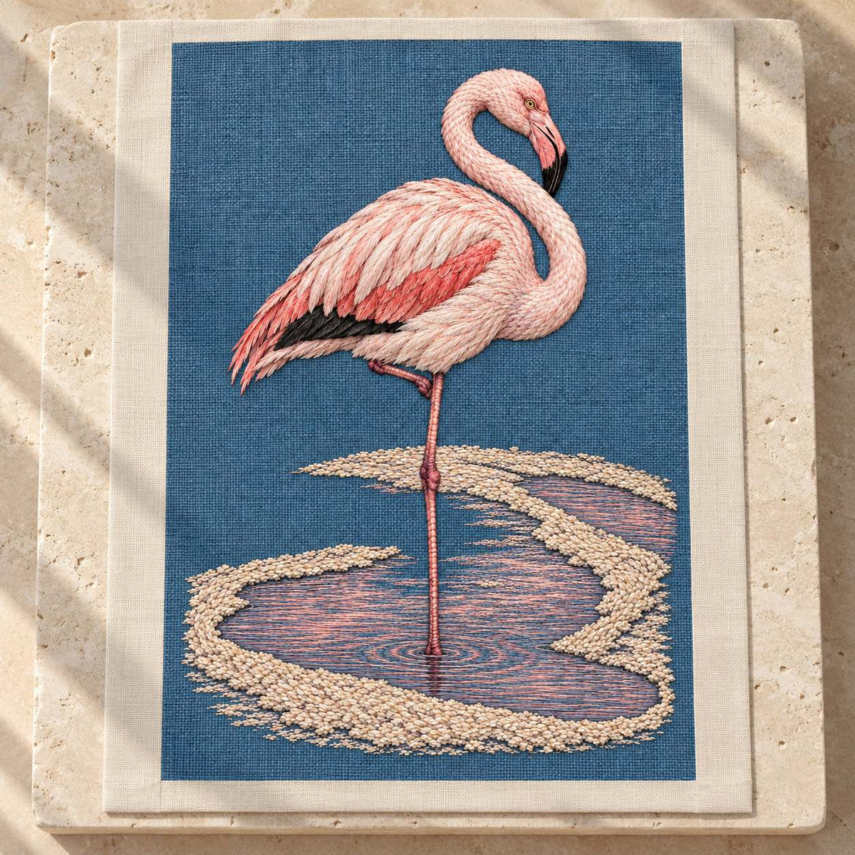 Flamingo in the Salt Rose Spiral visual mockup shown as a textile panel on a stone platform, with the design on slate-blue linen.