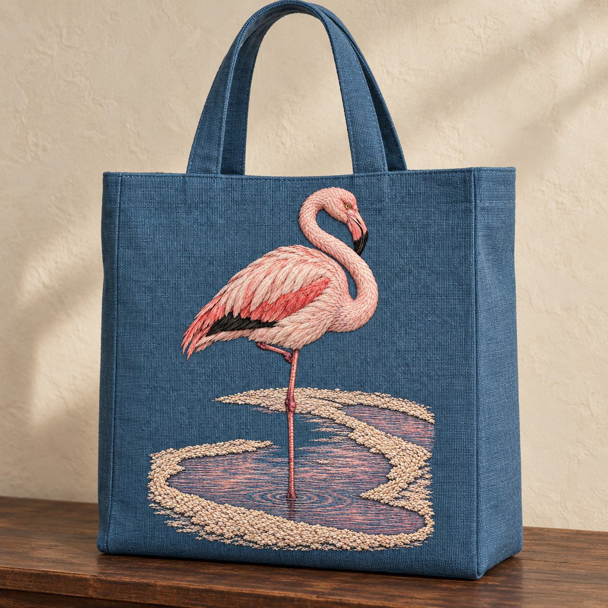 Flamingo in the Salt Rose Spiral visual mockup shown on the front of a structured linen tote, with the design on slate-blue linen.