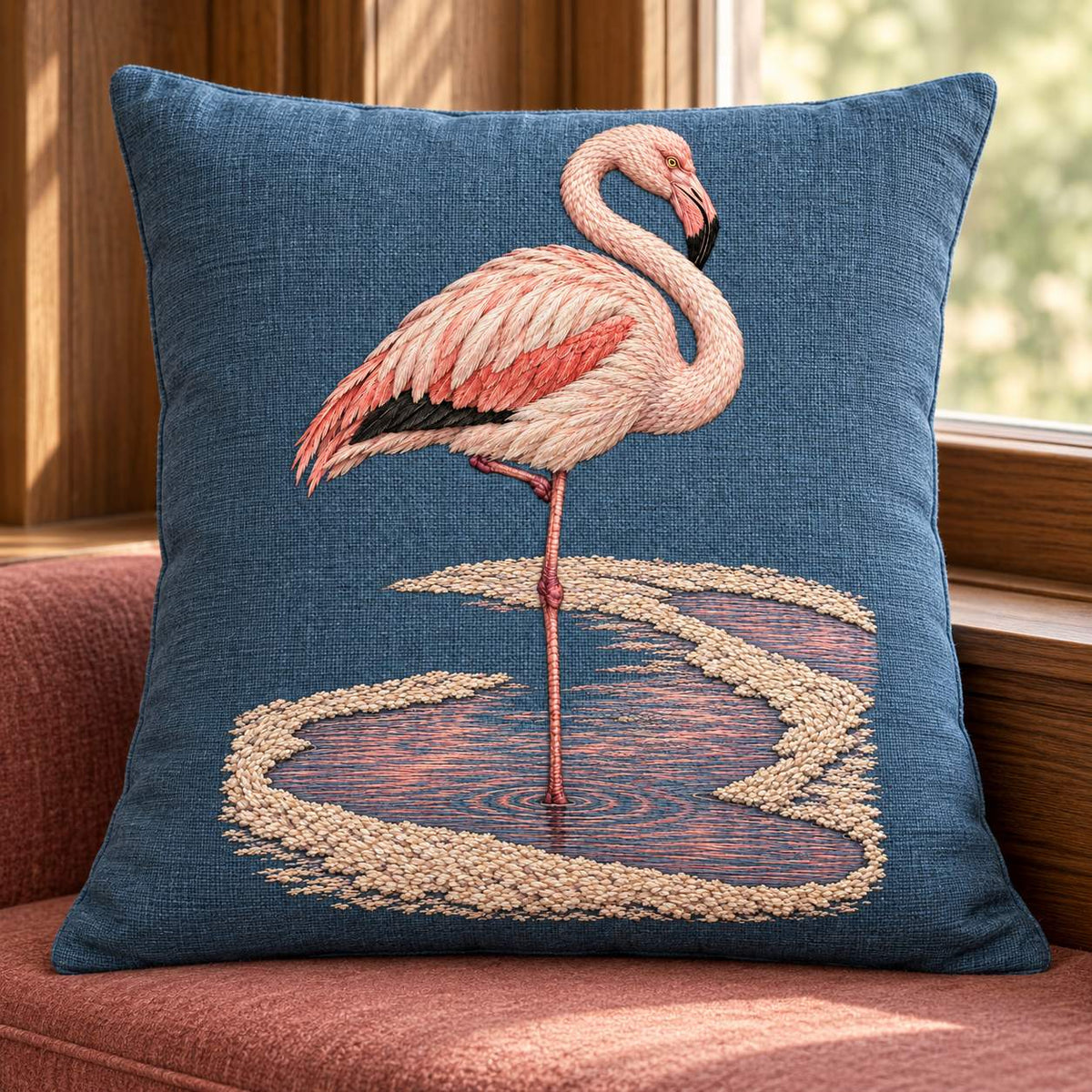 Flamingo in the Salt Rose Spiral visual mockup shown on a cushion beside a window, with the design on slate-blue linen.