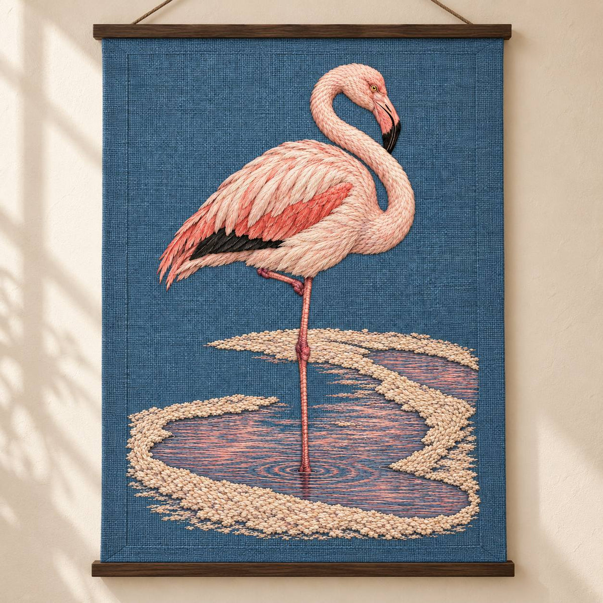 Flamingo in the Salt Rose Spiral visual mockup shown as a hanging textile held by wooden rails, with the design on slate-blue linen.
