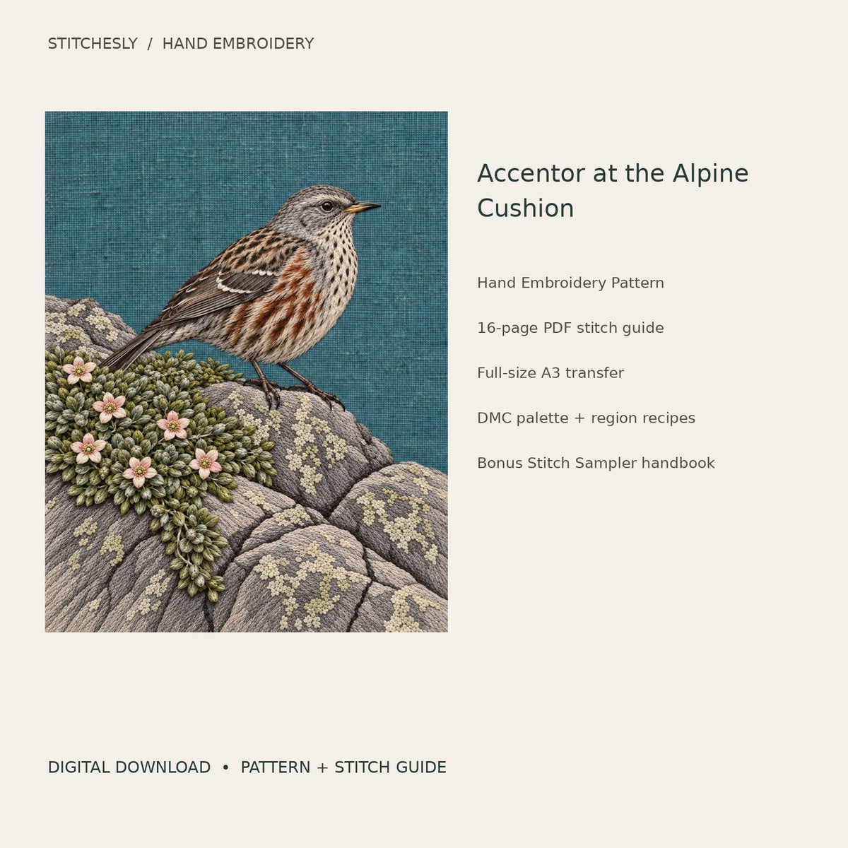 Accentor at the Alpine Cushion: digital hand embroidery pattern cover with artwork and included files