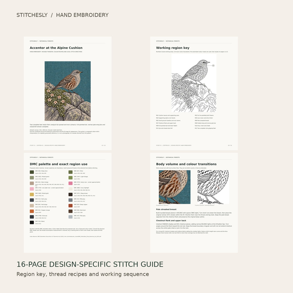Accentor at the Alpine Cushion: preview of the 16-page stitch guide, region key, DMC palette and stitching instructions