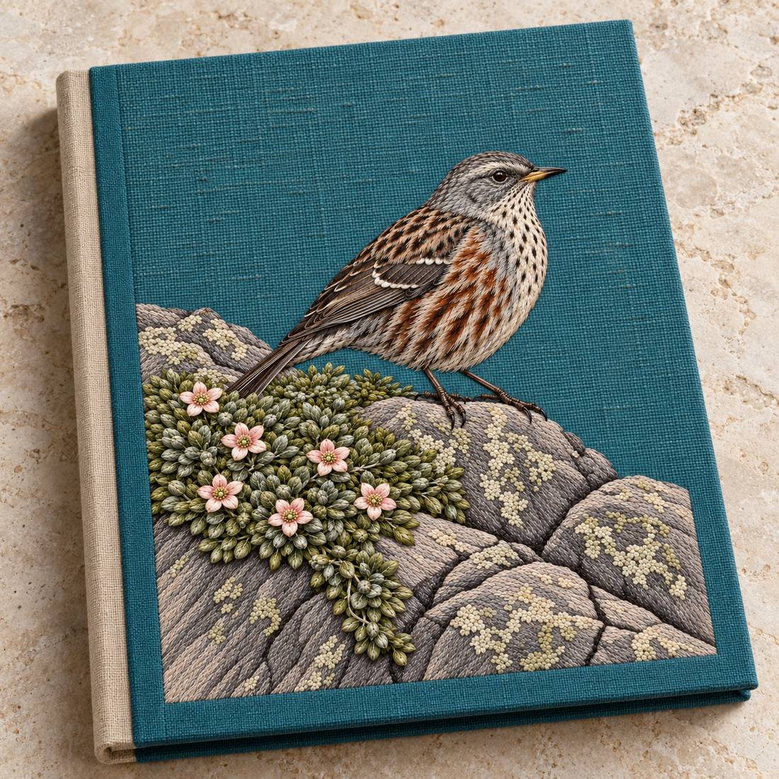 Accentor at the Alpine Cushion visual mockup shown on a cloth portfolio cover, with the design on teal linen.