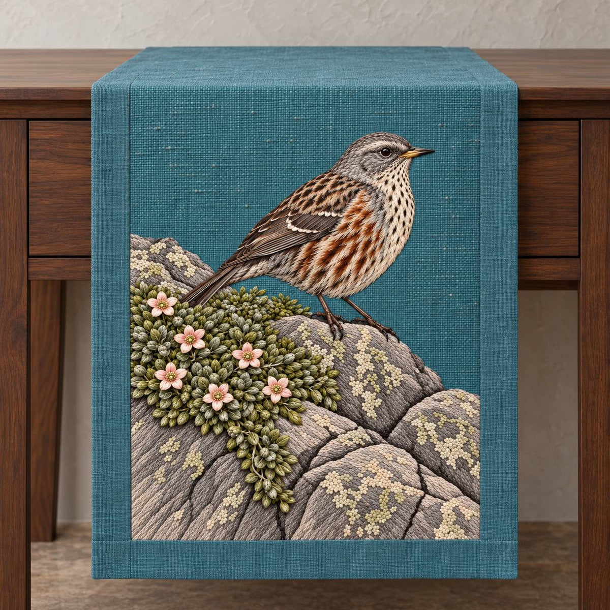 Accentor at the Alpine Cushion visual mockup shown on a textile runner over a console, with the design on teal linen.