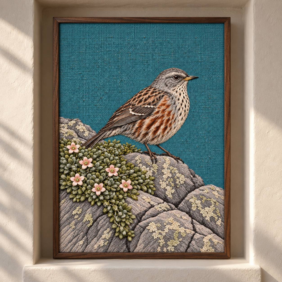 Accentor at the Alpine Cushion visual mockup shown as a framed textile in a gallery niche, with the design on teal linen.