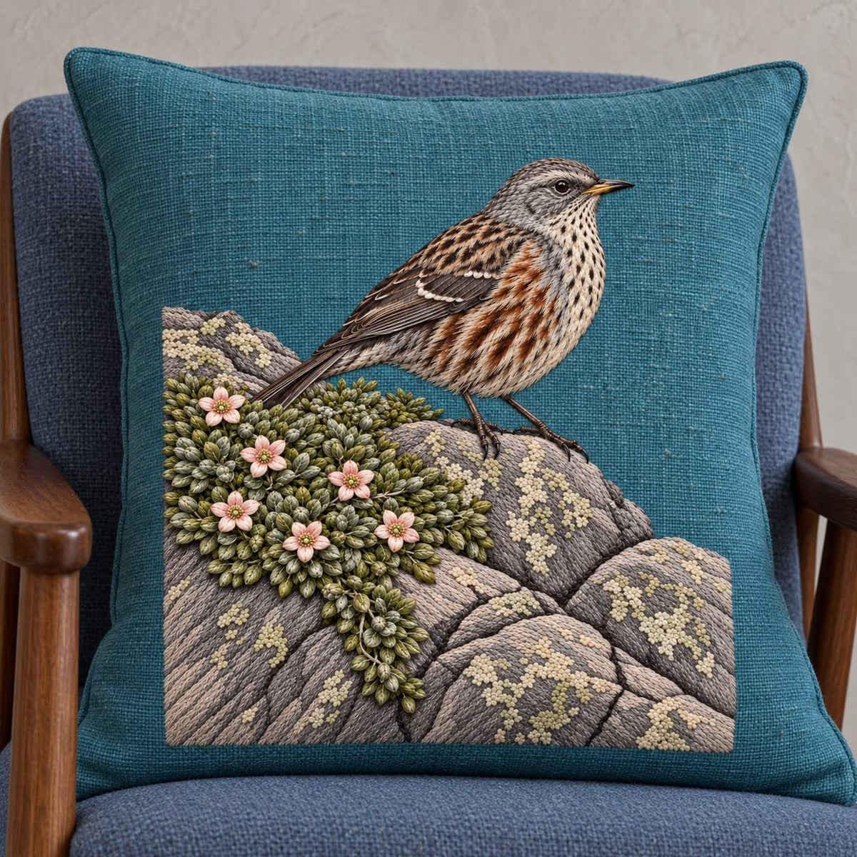 Accentor at the Alpine Cushion visual mockup shown on a cushion in a lounge chair, with the design on teal linen.