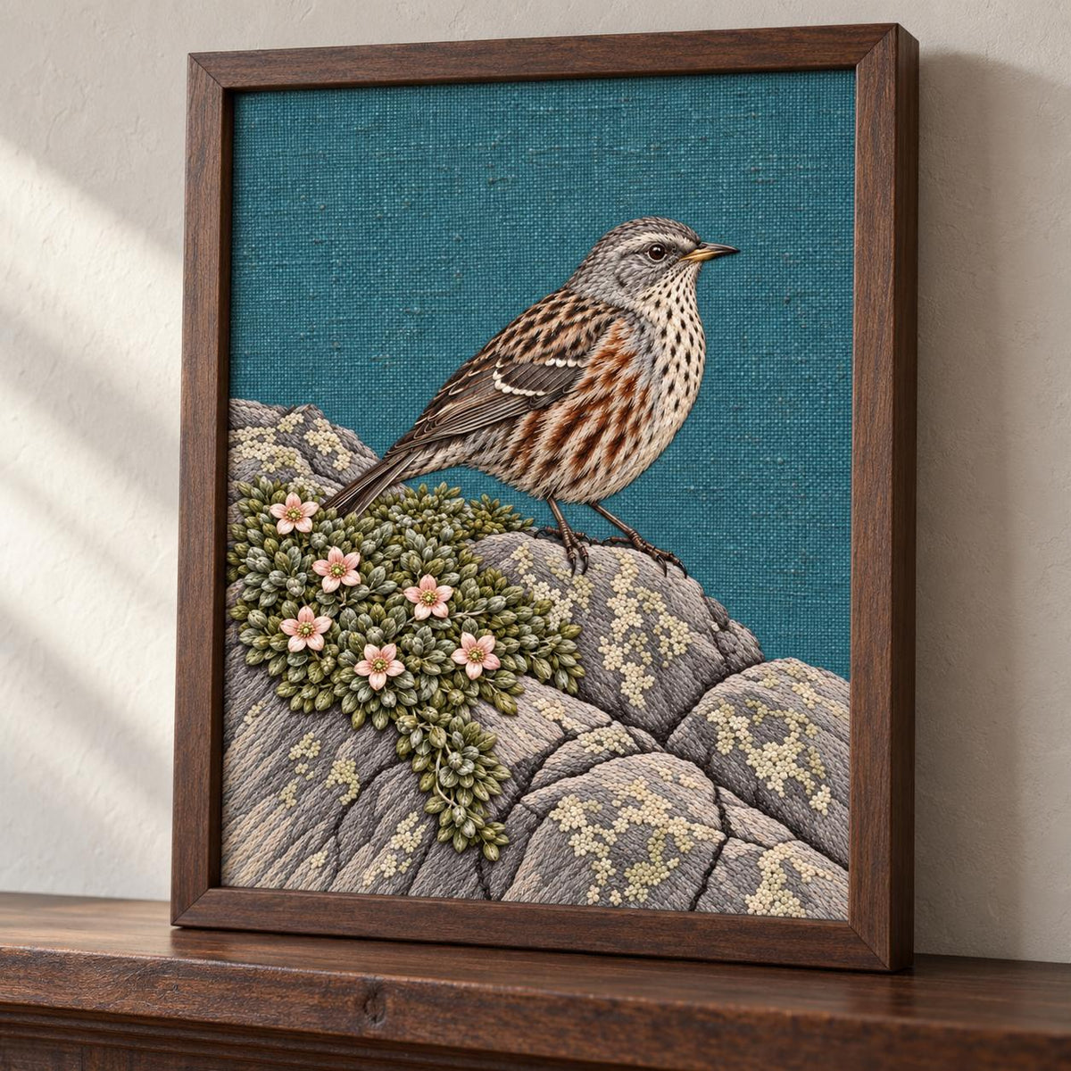Accentor at the Alpine Cushion visual mockup shown in a frame leaning on a mantel, with the design on teal linen.