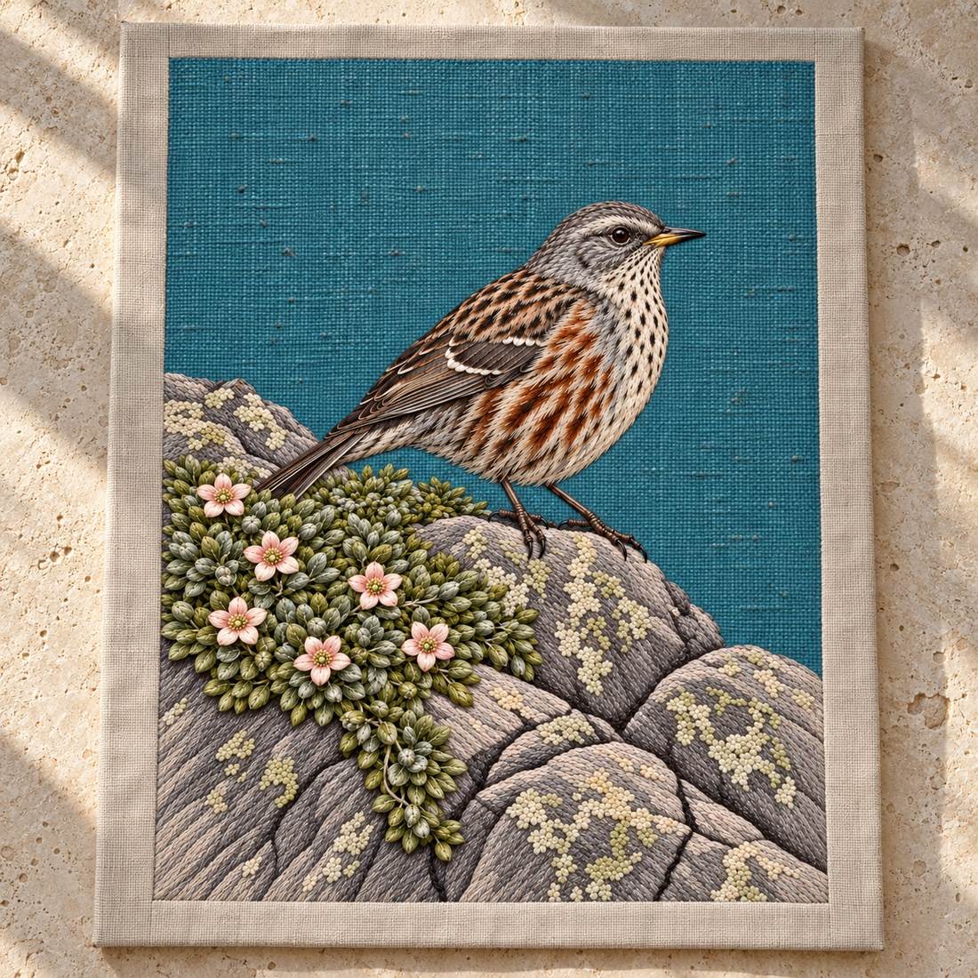 Accentor at the Alpine Cushion visual mockup shown as a textile panel on a stone platform, with the design on teal linen.
