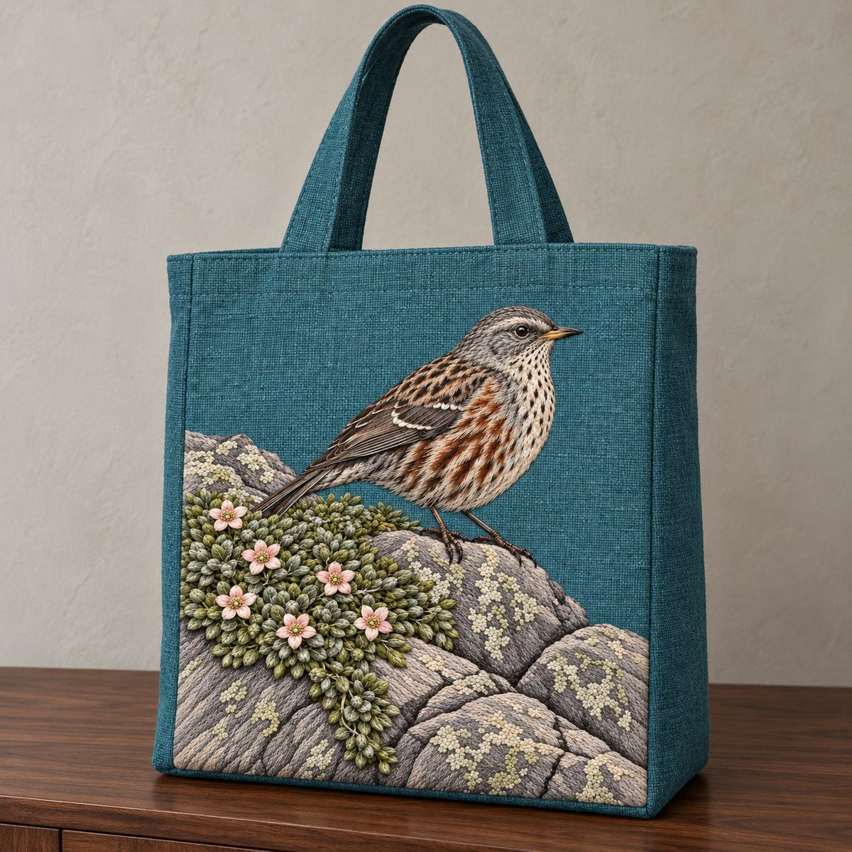 Accentor at the Alpine Cushion visual mockup shown on the front of a structured linen tote, with the design on teal linen.
