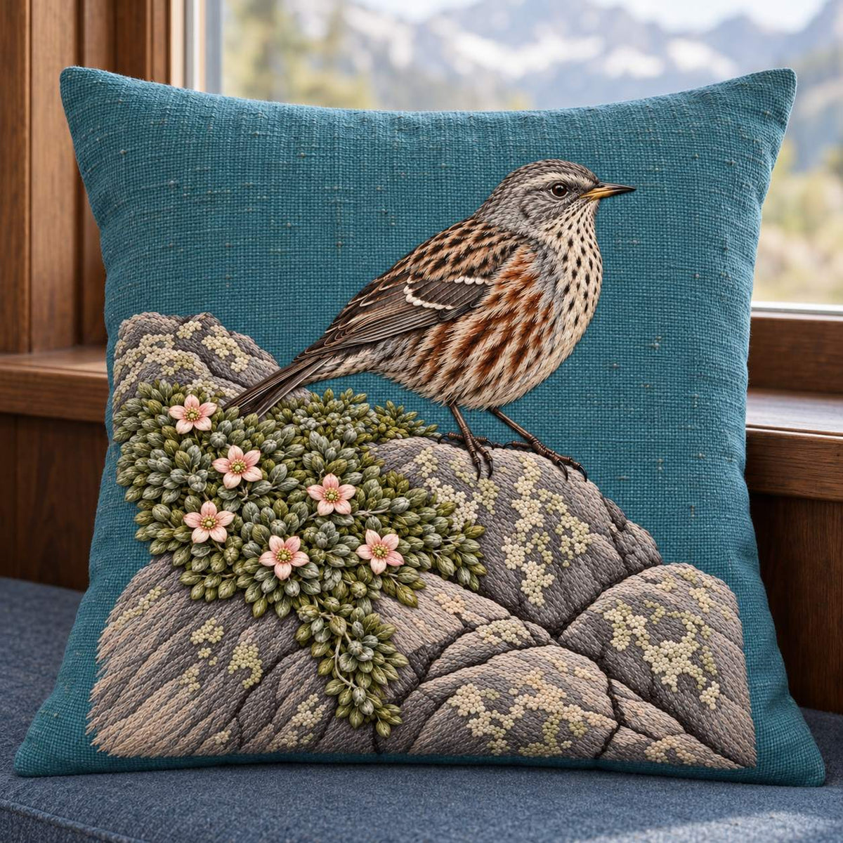 Accentor at the Alpine Cushion visual mockup shown on a cushion beside a window, with the design on teal linen.