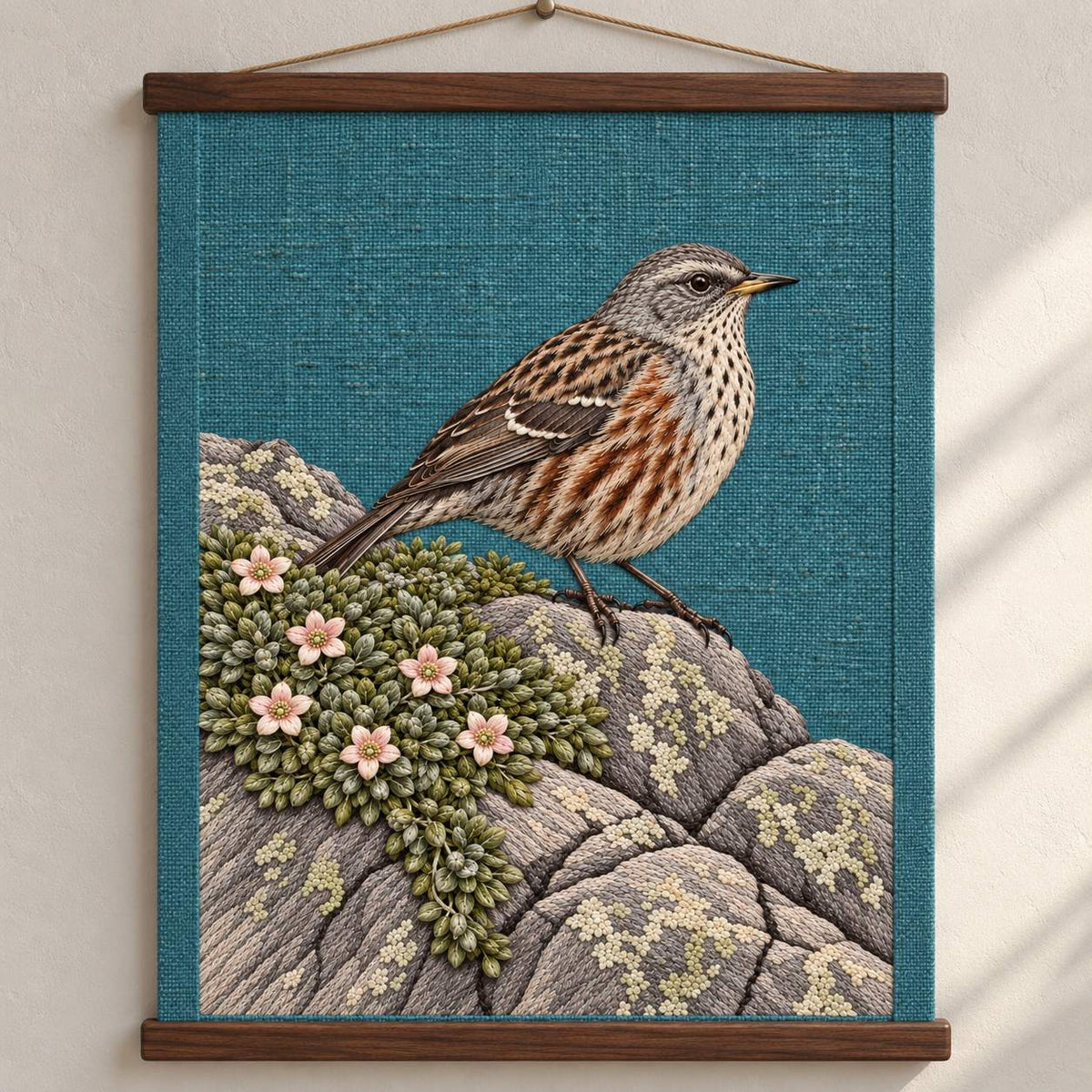 Accentor at the Alpine Cushion visual mockup shown as a hanging textile held by wooden rails, with the design on teal linen.