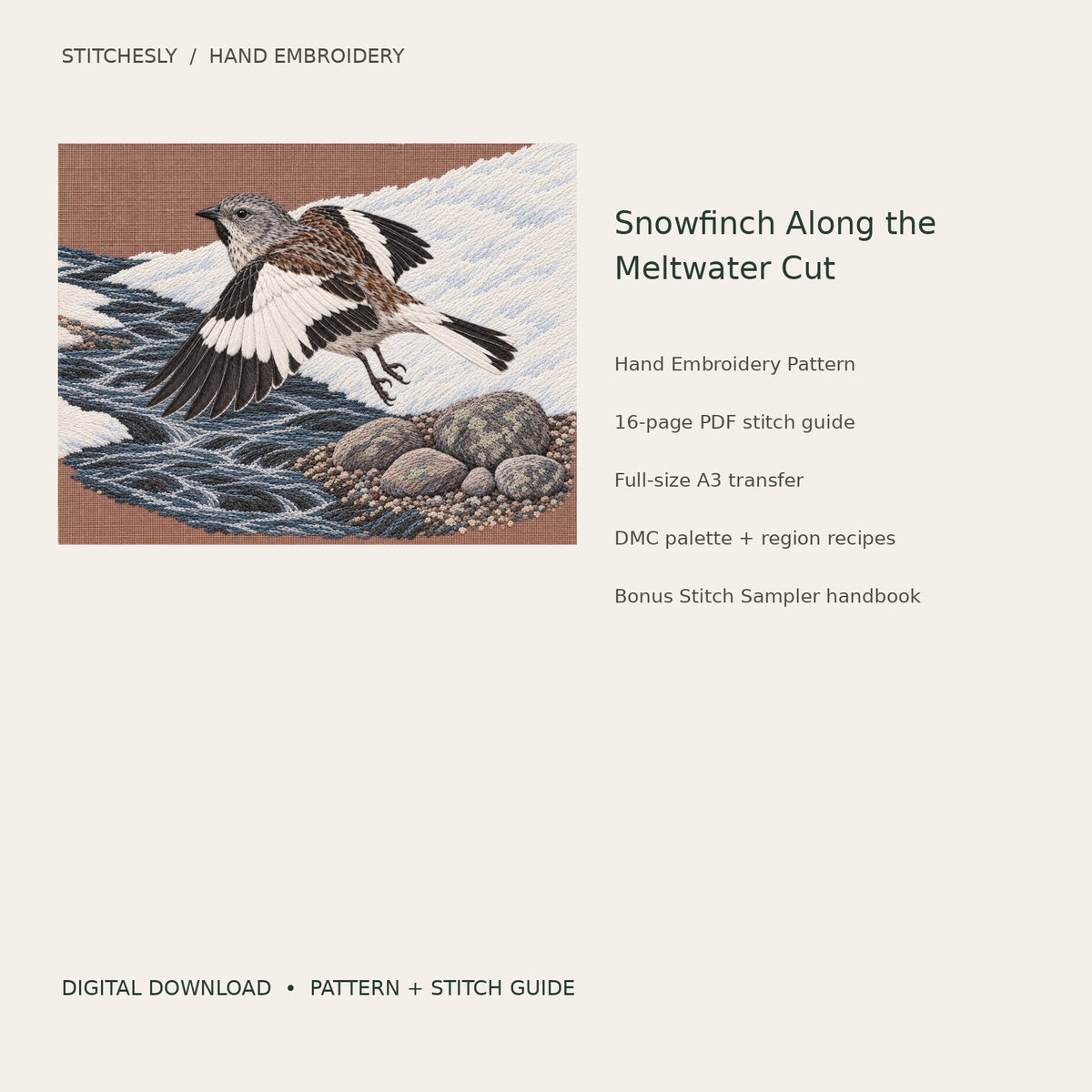 Snowfinch Along the Meltwater Cut: digital hand embroidery pattern cover with artwork and included files