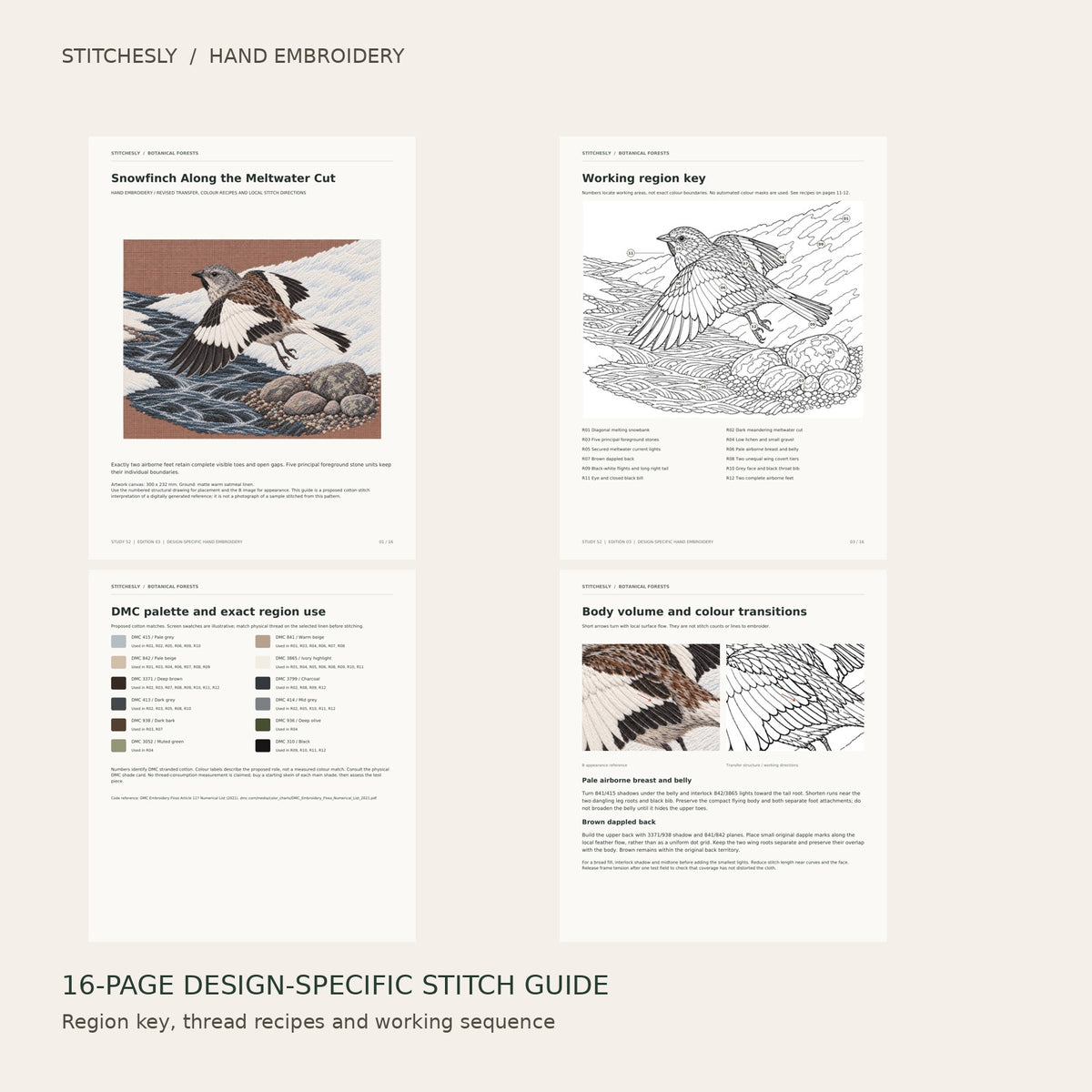 Snowfinch Along the Meltwater Cut: preview of the 16-page stitch guide, region key, DMC palette and stitching instructions