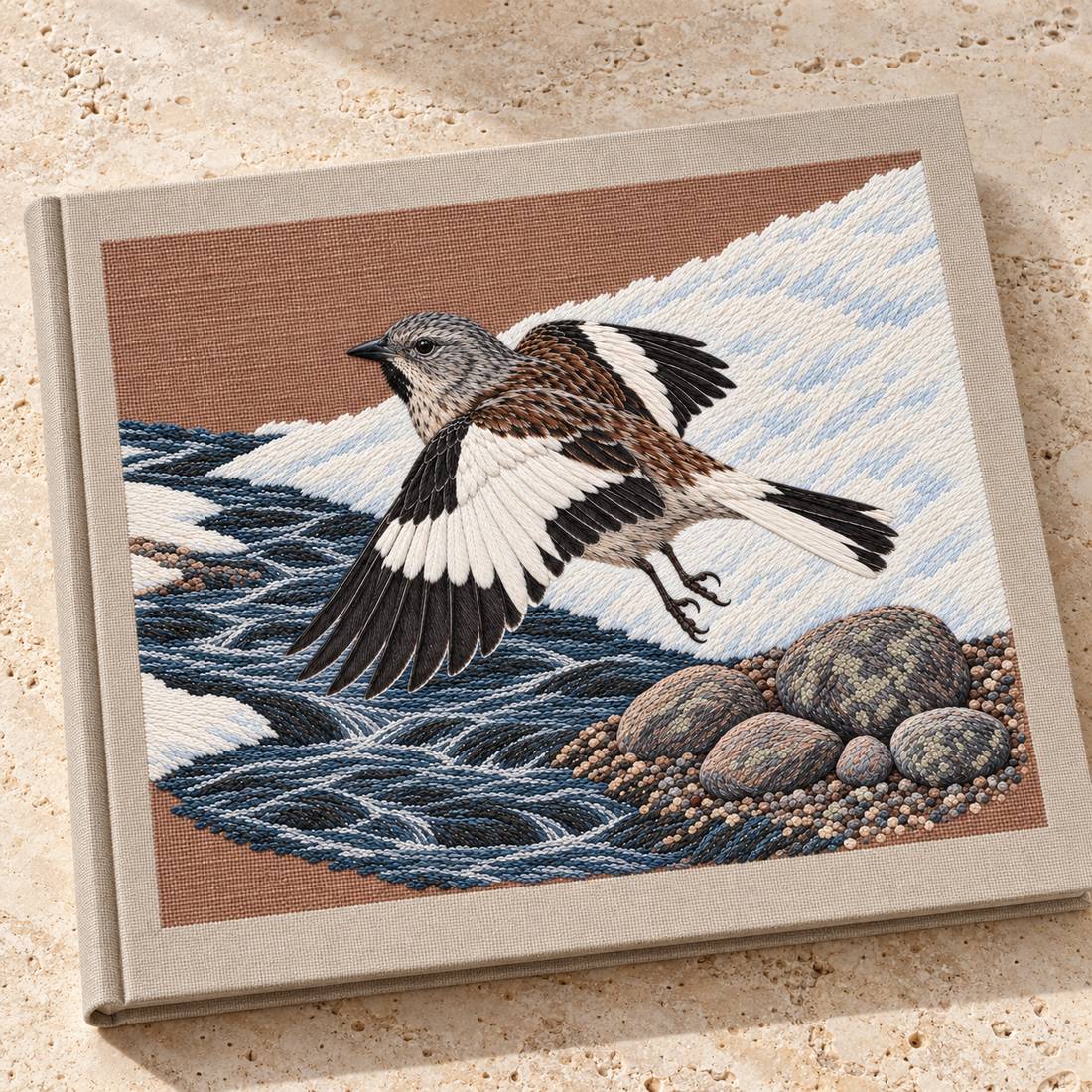 Snowfinch Along the Meltwater Cut visual mockup shown on a cloth portfolio cover, with the design on warm oatmeal linen.