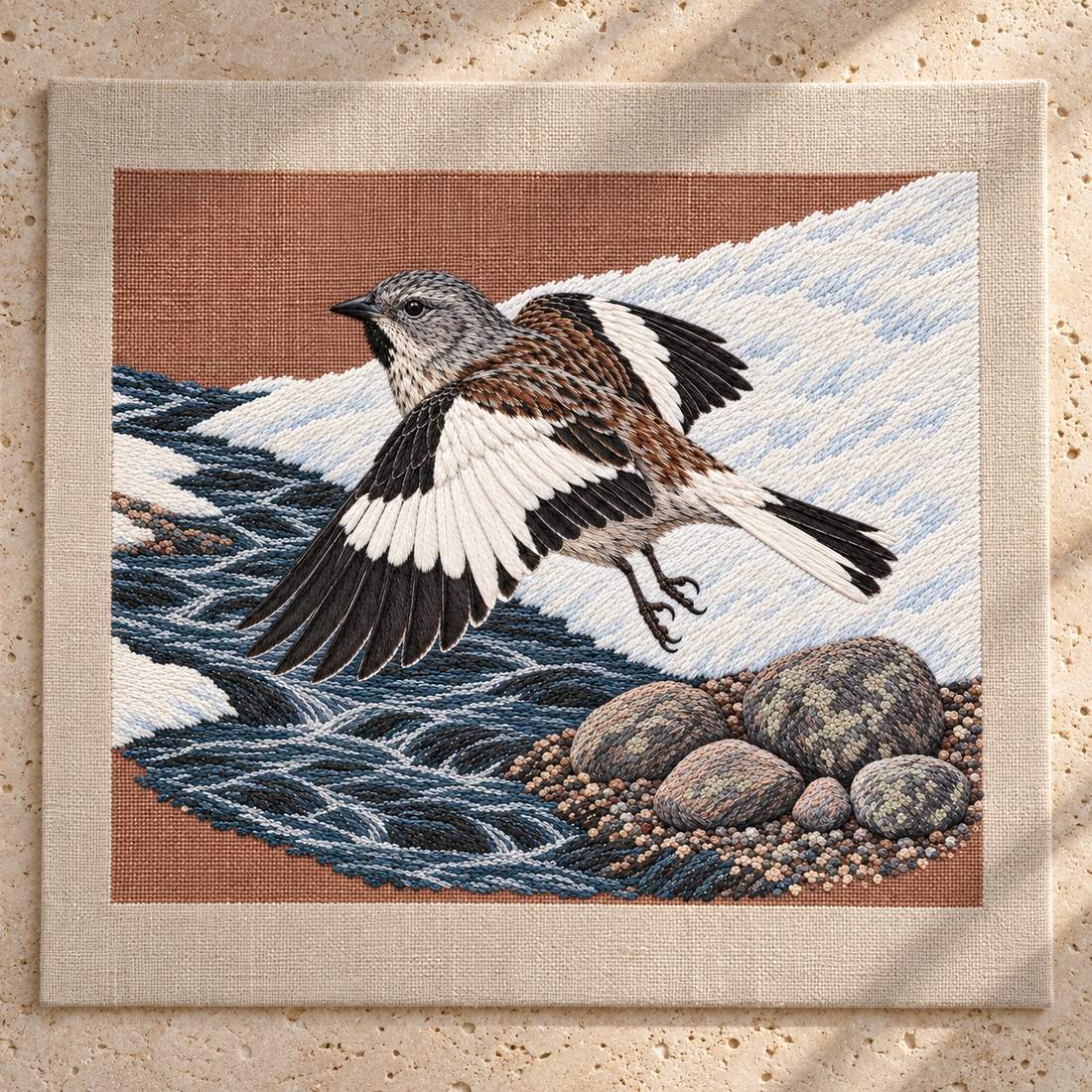 Snowfinch Along the Meltwater Cut visual mockup shown as a textile panel on a stone platform, with the design on warm oatmeal linen.