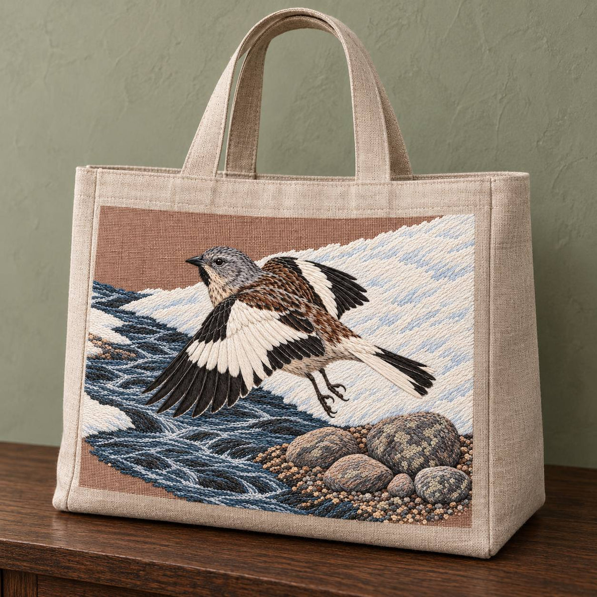 Snowfinch Along the Meltwater Cut visual mockup shown on the front of a structured linen tote, with the design on warm oatmeal linen.