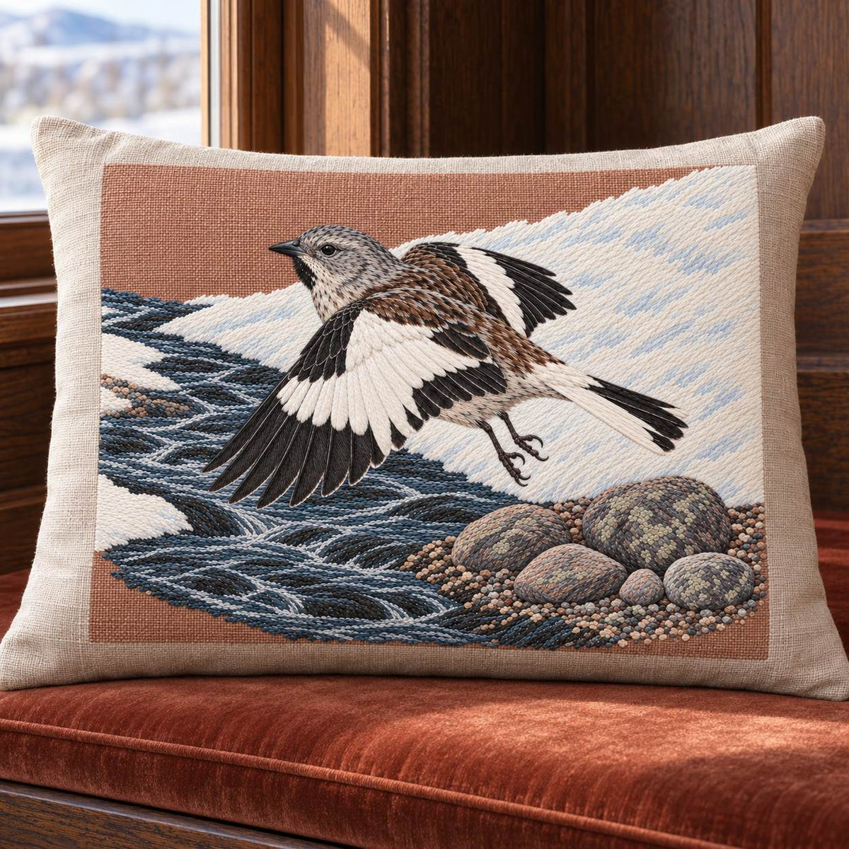 Snowfinch Along the Meltwater Cut visual mockup shown on a cushion beside a window, with the design on warm oatmeal linen.