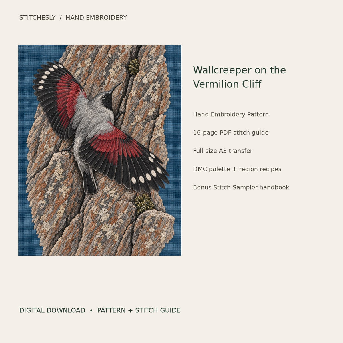 Wallcreeper on the Vermilion Cliff: digital hand embroidery pattern cover with artwork and included files