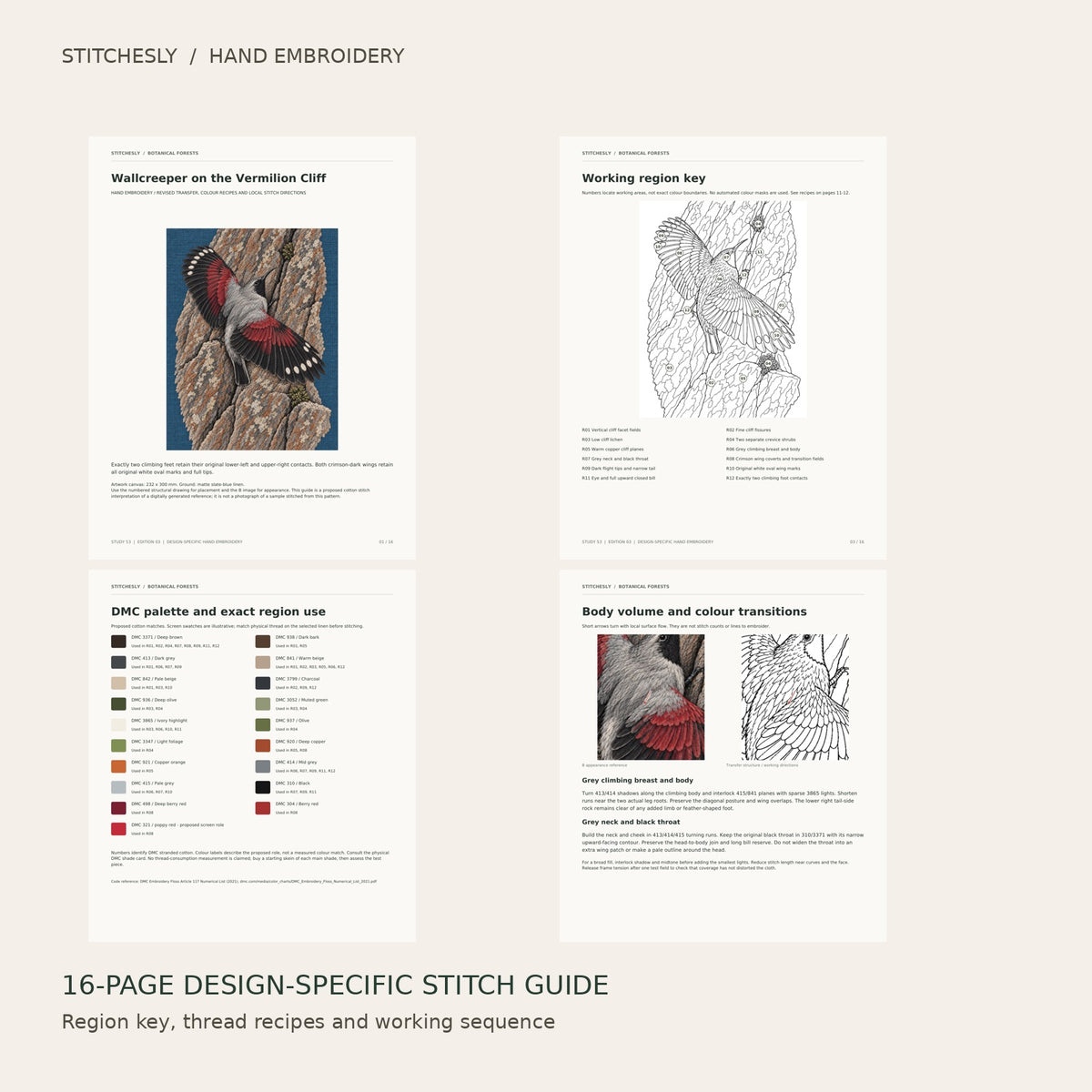Wallcreeper on the Vermilion Cliff: preview of the 16-page stitch guide, region key, DMC palette and stitching instructions
