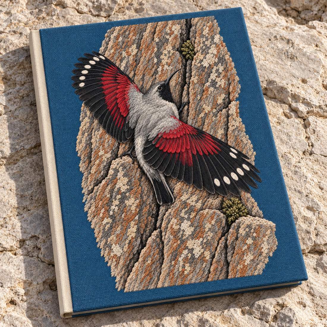 Wallcreeper on the Vermilion Cliff visual mockup shown on a cloth portfolio cover, with the design on slate-blue linen.