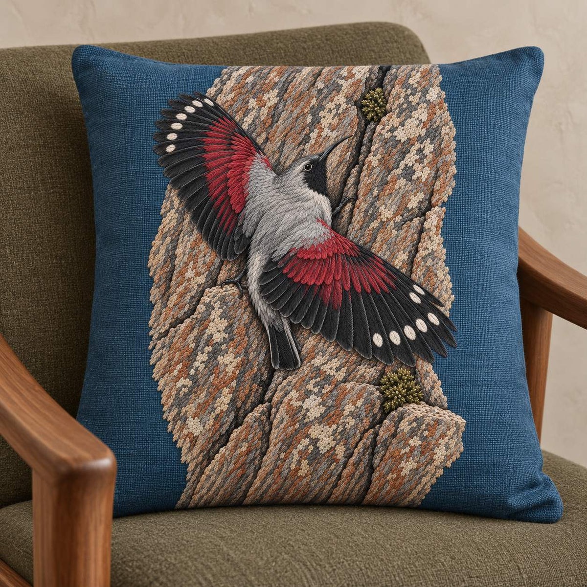 Wallcreeper on the Vermilion Cliff visual mockup shown on a cushion in a lounge chair, with the design on slate-blue linen.
