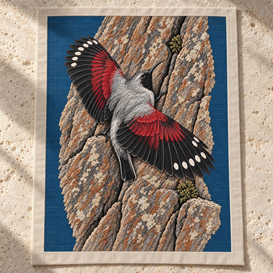 Wallcreeper on the Vermilion Cliff visual mockup shown as a textile panel on a stone platform, with the design on slate-blue linen.