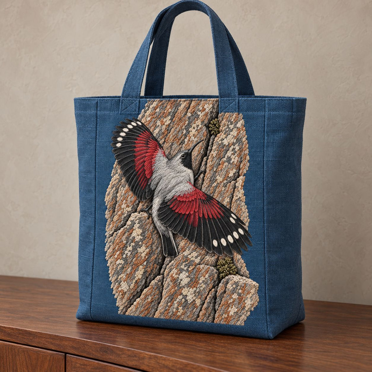 Wallcreeper on the Vermilion Cliff visual mockup shown on the front of a structured linen tote, with the design on slate-blue linen.