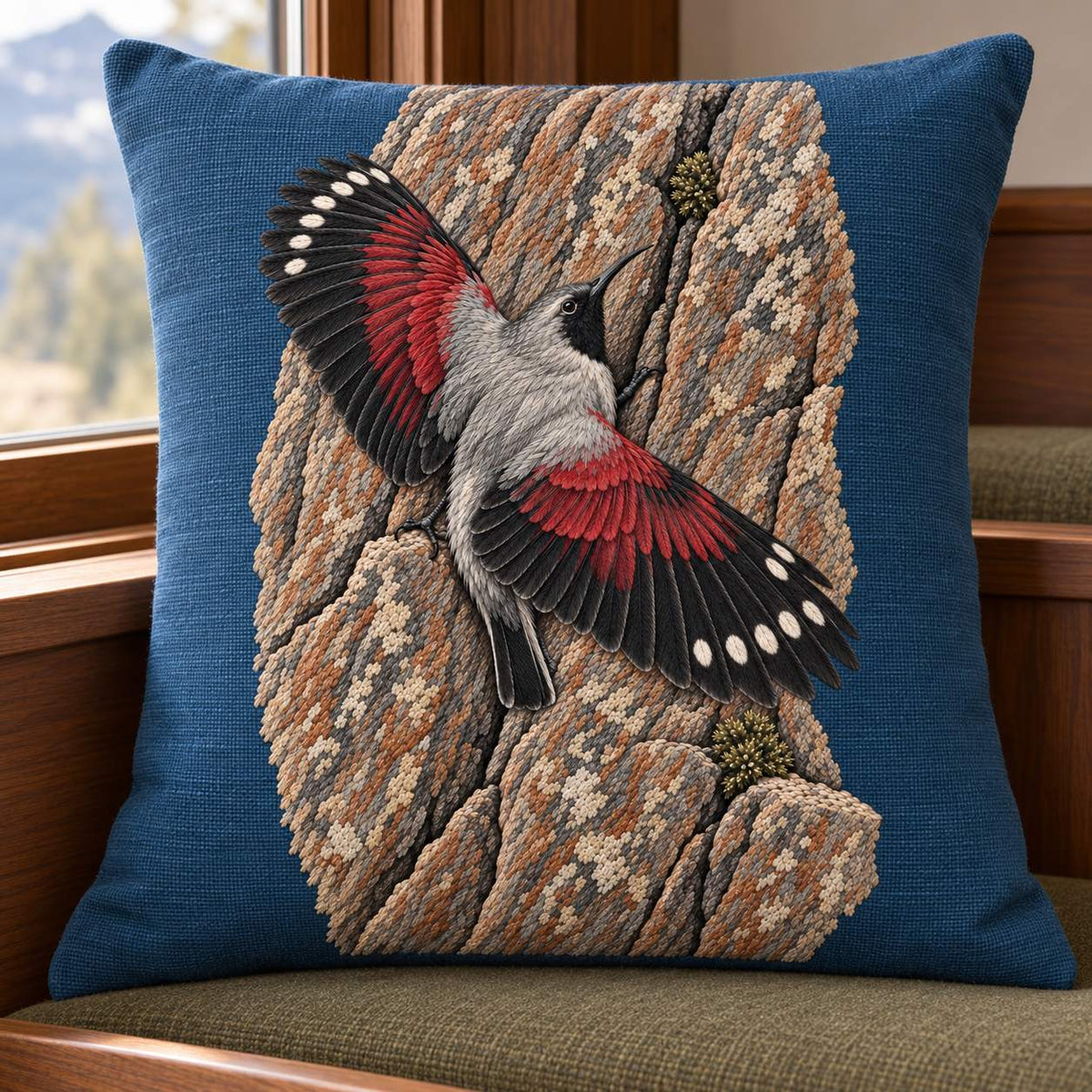 Wallcreeper on the Vermilion Cliff visual mockup shown on a cushion beside a window, with the design on slate-blue linen.