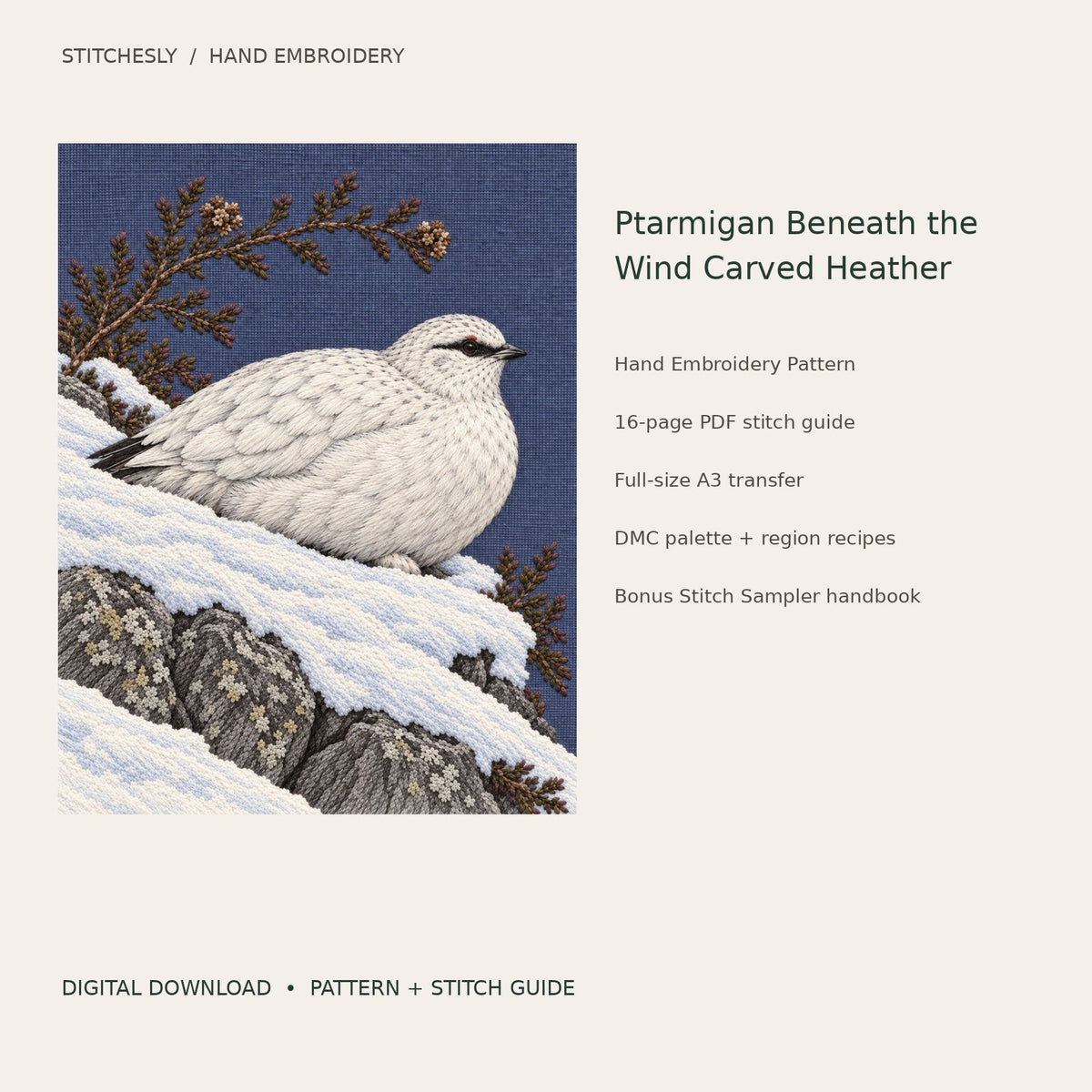 Ptarmigan Beneath the Wind Carved Heather: digital hand embroidery pattern cover with artwork and included files