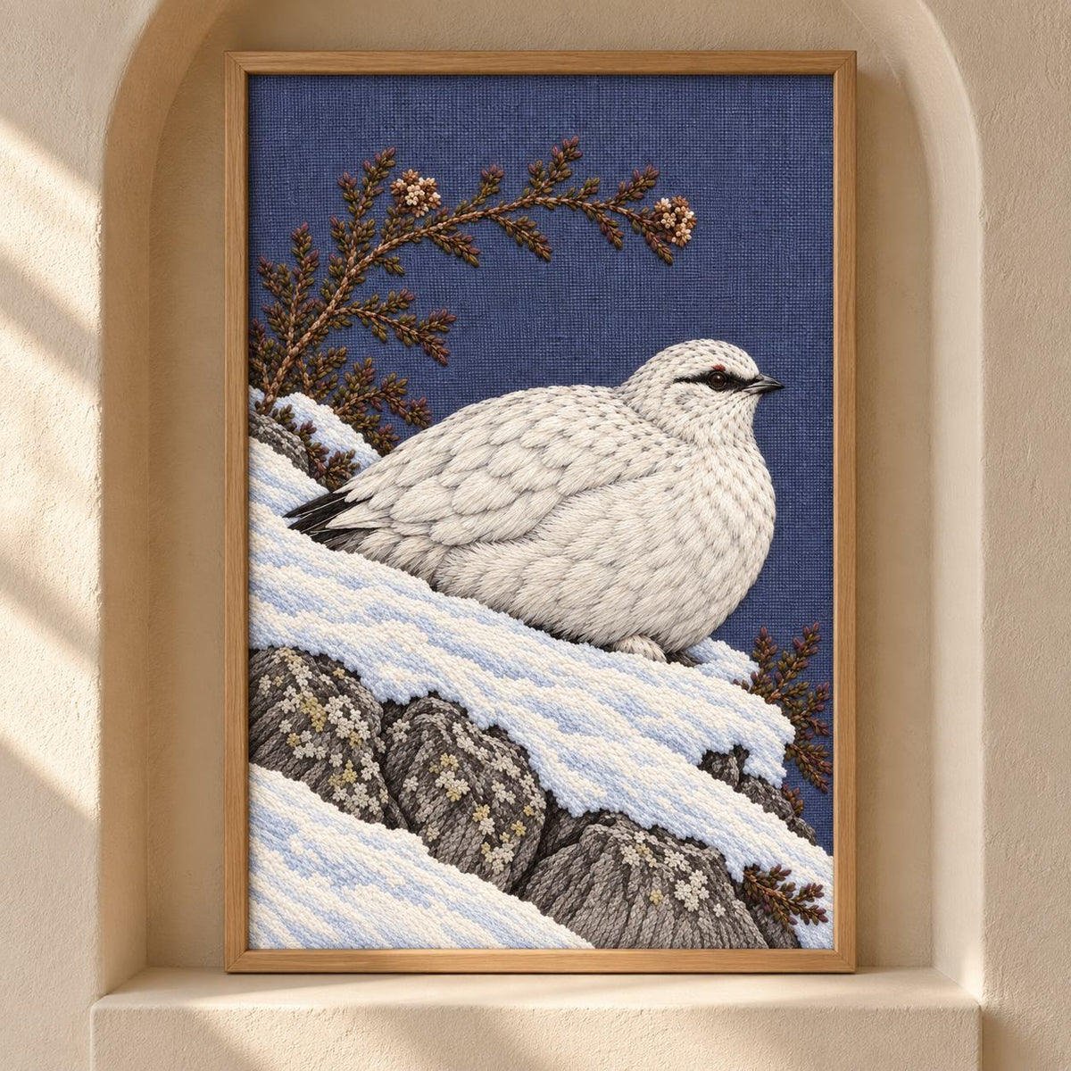 Ptarmigan Beneath the Wind Carved Heather visual mockup shown as a framed textile in a gallery niche, with the design on blue-violet linen.